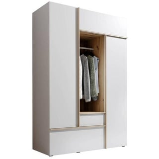 SchlafKONTOR Kleiderschrank Weiß, Eiche Artisan - Außergewöhnlicher Drehtürenschrank 2-türig mit offenem Fach - 135 x 204 x 59 cm