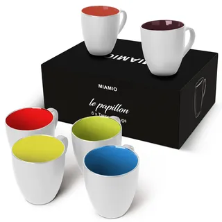 MIAMIO - 6 x 350 ml Kaffeetassen/Kaffeebecher Set - Tassen Set 6er Modern - Le Papillon Kollektion (Weiß-Bunt)