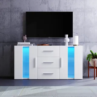 MODFU Kommode Sideboard mit mit 16 Farben LED-Leuchten, Schrank Buffet Anrichte Standschrank für Esszimmer Wohnzimmer, Schlafzimmer, Weiß - Weiß