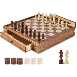 Vevor Schachspiel aus Massivholz, 2-in-1 Schach-Dame-Spielset, 38 cm Schachbrettspiele mit Aufbewahrungsschublade & Schachfiguren, für Turniere, Profis und Anfänger von Erwachsenen & Kindern