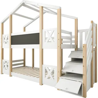 Etagenbett 90 x 200 cm,Kinderbett Baumhaus mit Treppe Stauraum und Rausfallschutz, Hochbett für Kinder– 2x Lattenrost- Natur & Weiß