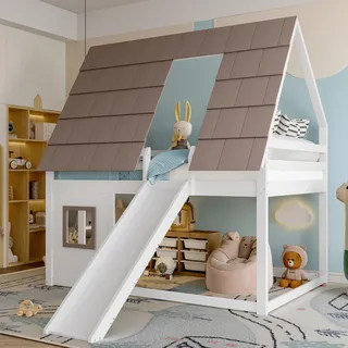okwish Hochbett 140x200 Haus-Etagenbett mit Dach und Fenster,Kinderbett im Hausdesign mit Leiter und Rutsche,Ohne Matratze,Weiß+Braun - Braun