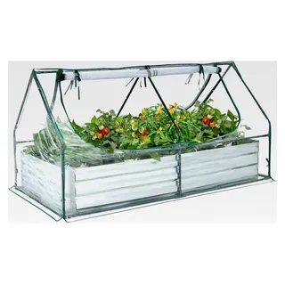 3 in 1 Gewächshaus mit Hochbeet, Metall Pflanzkasten, PVC-Folie, Blumenbeet mit zwei Fenstern, rechteckiges Frühbeet für Blumen und Kräuter im Garten, auf der Terrasse und dem Balkon, 180x90x91cm, Silber