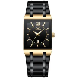 JewelryWe Herrenuhr Edelstahl Rechteckige Uhr: Herren 30m Wasserdicht Kalender Analog Quarz Armbanduhr Männer Schwarz Edelstahlarmband Leuchtend Geschäft Lässige Uhr mit Gold Leuchtzeiger