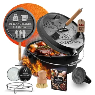 GUSSKÖNIG Premium 2in1 Dutch Oven 4,5L Set-Feuertopf Gusseisen ohne Füßen | für 1-3 Personen, inkl. Deckelheber, Pflegepaste, Bürste, Untersetzer, Schrubber, Rezeptbuch, 30J Garantie