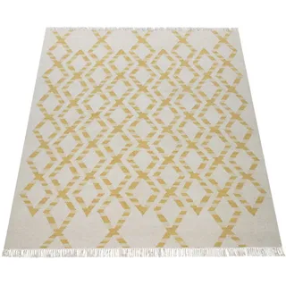 Paco Home Wollteppich »Kenitra 502« rechteckig 12 mm Höhe Flachgewebe, reine Wolle, handgewebt, Rauten Design, mit Fransen, gelb