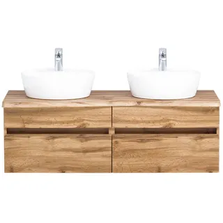 Lomadox Waschtisch 121 cm inkl. Keramik-Aufsatzbecken VIDAGO-03 in Wotan Eiche Nb. mit Baumkante, B/H/T: ca. 121/55/52 cm - Braun