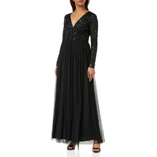 Maya Deluxe Damen Ladies Maxi Dress for Women with Long Sleeves V Neckline Plunging Sequin Embellished for Wedding Guest Bridesmaid Prom Kleid, Black,