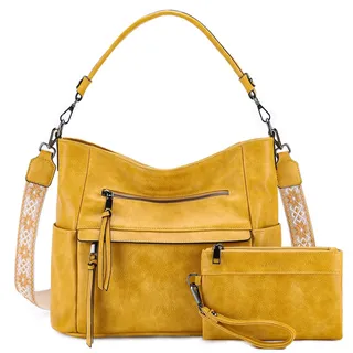 VASCHY Handtasche Damen, Vegan Leder Schultertasche Henkeltasche Groß Crossbody Hobo Bag Umhängetasche Geldbörsen Set Gelb
