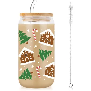 Calkkrer Feengeschenk Lebkuchenhaus Glasbecher Mit Strohhalm Deckel, Niedlicher Weihnachtsglas Kaffeebecher, Weihnachtsbecher Mit Deckel Und Strohhalmen