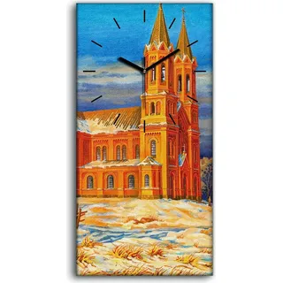Wanduhr Bürouhr Leinwand Bild 30x60 Gemälde Kathedrale auf dem Land Dorfbewohner - schwarze Hände - Orange