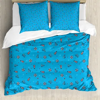 ABAKUHAUS Leuchtturm Bettbezug, Tupfen Meer, Milbensicher Allergiker geeignet mit Kissenbezügen, 155 cm x 220 cm - 80 x 80 cm, Blau, Rot, Weiß - Bunt