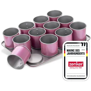 Zenker creative studio 12er Mini-Törtchen-Backblech, Cupcake Backform, Minikuchenform mit Antihaftbeschichtung, Kuchenform für kleine Kuchen, kreatives Backen (Farbe: rosa, silber), Menge: 1 Stück