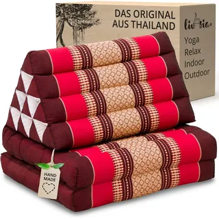livasia Thaikissen mit 2 Auflagen - 120x50x8cm - Dreieckskissen mit Sitzkissen, Keilkissen mit Kapok, Rückenkissen faltbar, Thaimatte zum Klappen, handgefertigt, Meditationskissen (Rubinrot)