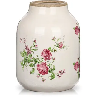 21cm Vintage Keramikvase mit Blumenmuster, cremeweiß, Tischvase | Keramikvase für Deko Wohnzimmer Home Office, Vase für Pampasgras, Rustikales Antikes Dekor, Dekovase im Landhausstil