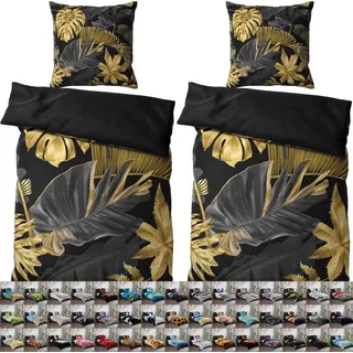 SANILO® Bettwäsche 135x200 cm, 100% feinste Baumwolle, 4-teilig, Bettbezug, Kissenbezug 80x80cm - Golden Leaves - Schwarz, Gold