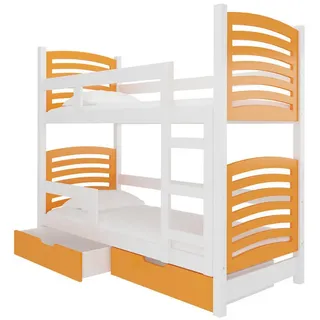 Feldmann-Wohnen Hochbett Osuna Kiefer weiß / orange 81 / 188 / 169cm , Orange, Weiß , Holzwerkstoff , 2 Schubladen , Rechteckig , 80x190 cm , Babymöbel & Kindermöbel, Kinderzimmer & Jugendzimmer, Kinderbetten, Hochbetten