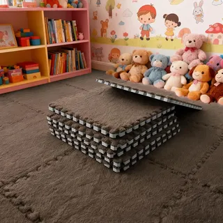 12 Stück Teppichboden Schaumstoffmatte, Plüsch Teppichfliesen, Ineinandergreifender Wohnzimmer Memory Foam Teppich (Dunkelbraun)