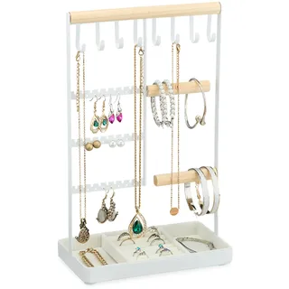 Relaxdays Schmuckständer, Schmuckaufbewahrung Ketten & Ohrringe, Schmuckhalter mit Ablage, Holz und Metall, weiß/natur