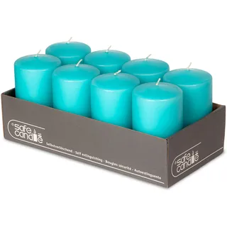 DecoLite 8er Pack Stumpenkerzen 130/70mm - Selbstverlöschend, Safe Candle, RAL Zertifiziert, 61 Stunden Brenndauer - 100% Made in Germany by Wenzel Kerzen (türkis)