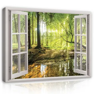 Leinwand Bilder Wald Fenster Natur Leinwandbild XXL Wandbilder Wandbild Wohnzimmer - 100x75 cm | Premium Leinwand