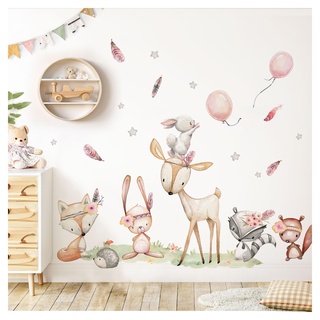 DEKO KINDERZIMMER Wandtattoo Waldtiere Set Wandsticker REH Hase Fuchs Kinderzimmer Wandaufkleber Ballon Babyzimmer Wanddeko DK1098-1