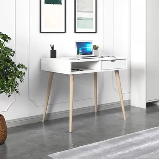 Stylish Study Desk with Wall-Mount Option, White & Wood Finish, 90 x 80 x 60 cm | 100% Melamine Coated, 18 mm Thick, Multiple Shelves for Organization