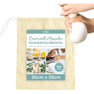 volila Käsetuch – 1 Packung (35 x 25cm) Ungebleichter Passiertuchmit Kordelzug – Waschbarer Mulltücher Nussmilchbeutel zum Abseihen von Saft, Milch, Wein, Joghurt und Selbstbrauen