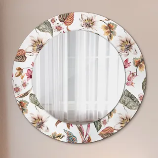 Runder Spiegel mit Modernem Aufdruck - Dekospiegel Wandmontage -Vintage Blumen- Ø60cm - Grau