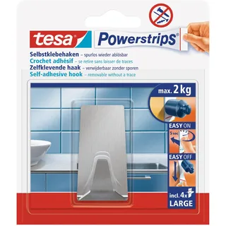 Tesa Powerstrips Haken LARGE Metall Eckig - 2 kg Halteleistung | Selbstklebender Metallhaken - für Glas, Kacheln, Holz, Kunststoff und andere Untergründe - spurlos ablösbar