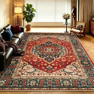 WUTONG Vintage Teppich Wohnzimmer 180x250 cm Rot,Orientalischer Teppich Waschbar rutschfest Kurzflor,Großer Teppich für Hauptschlafzimmer,Retro Stil