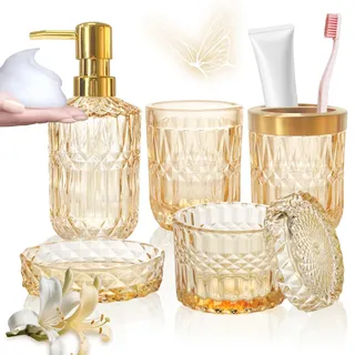 5 Stück Gold Glas Badezimmer Zubehör Set, Glas Badezimmer Accessoires Set von Lotionspender,Seifenschale,Zahnbürstenhalter,Becher,Wattestäbchen Badezimmer Deko Set für Modernes Bad,Vintage Geschenk