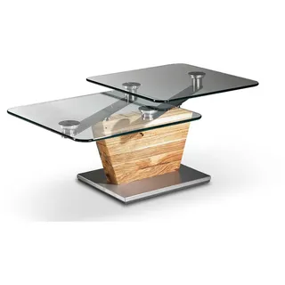 Novel Couchtisch , Eichefarben, Edelstahlfarben , Holz, Glas , Asteiche , massiv , rechteckig , Säule, Bodenplatte , 60x41x113 cm , Holzmöbel, Holztische, Wohnzimmertische Holz, Couchtische Holz