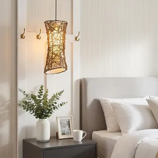 Pendelleuchte SKOV aus Rattan mit Stoffschirm – Ø20 cm, 1-flammig, E27