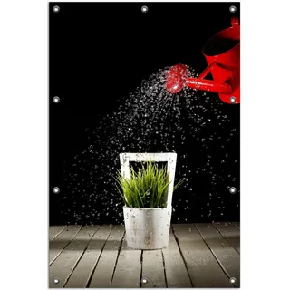 Wallario Outdoor-Poster für Garten oder Balkon, Motiv Grüne Pflanze mit roter Gießkanne, in ca. 80 x 120 cm - Schwarz