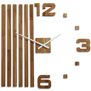 FLEXISTYLE 3D Wanduhren DIY Holz Eiche Lamellen große Wanduhr 100 cm 3D Wanduhr Modern Design EKO Wanduhren Wandtattoo Dekoration Uhren für Büro Wohnzimmer Schlafzimmer (XXL 100cm weiße Zeiger)