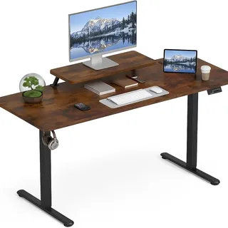 DUMOS Höhenverstellbarer Schreibtisch 160 x 60 cm, Elektrischer Schreibtische Höhenverstellbar, Gaming Tisch mit Monitorständer, Stehpult Verstellbarer Computertisch, Adjustable Standing Desk, Braun