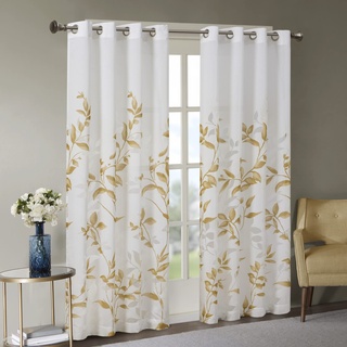 Madison Park Cecily halbdurchsichtiger Einzelpaneel-Fenstervorhang mit Ausbrenner, Botanischer Druck, einfach aufzuhängen, passend für Stangen mit bis zu 3,2 cm Durchmesser, 50 x 84 cm, Gelb