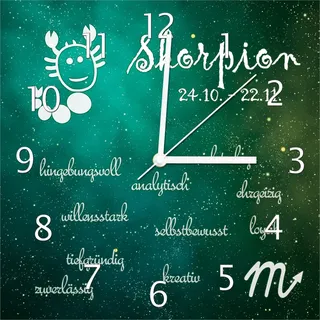 Wallario Design Wanduhr Sternzeichen Skorpion aus Echtglas, Größe 30 x 30 cm - Türkis