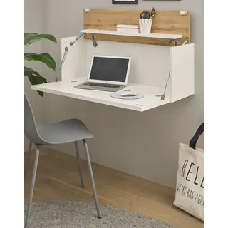 furn.design Sekretär Weiß matt, Eiche Wotan 100 cm, Wandschrank mit klappbarem Oberboden , Weiß, Eiche Wotan , Holzwerkstoff , Nachbildung,Eiche , Uni, Holz Optik , Rechteckig,Rechteckig , 100x35x30 cm , FSC 100% , Büromöbel, Schreibtische, Sekretäre