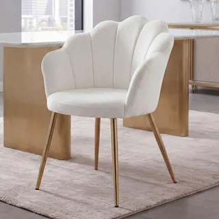 FineBuy Esszimmerstuhl Tulpe Samt Weiß Gepolstert Küchenstuhl mit Goldfarbenen Beinen Schalenstuhl Skandinavisches Design Polsterstuhl mit Stoffbezug - Weiß