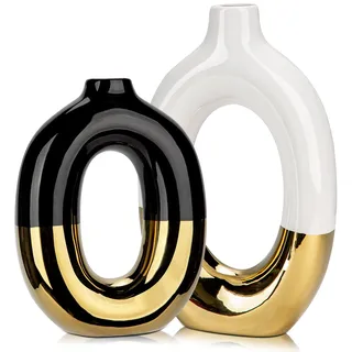 Hollyone Keramikvase 2er Set, Weiß Schwarz Hohle Design Donut Keramik, Dekorative Blumenvase für Heimdeko, Moderne Vase für Trockenblumen, Schlafzimmer, Wohnzimmer, Tischdeko