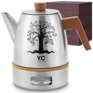 YC Yang Chai Teekanne mit Stövchen (1,3L) - Teekanne mit Sieb aus rostfreiem 304 Edelstahl - Tee Kanne Edelstahl mit Eichenholz Griffen - Langanhaltende Wärme - 100% Tropffrei Teebereiter