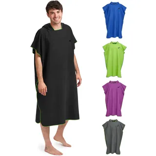 Fit-Flip Strandponcho für Erwachsene mit Kapuze - schnelltrocknend, kompakt und Ultraleicht - Badeponcho aus Mikrofaser für Damen und Herren (Größe M, Schwarz/Grün)