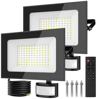 papasbox 2 Stück 100W LED Strahler mit Bewegungsmelder Außen Lichtsensor | Außenstrahler Scheinwerfer Aussen mit Fernbedienung | 6500K Kaltweiß IP66 Wasserdicht Fluter für Garten Garage Sportplatz