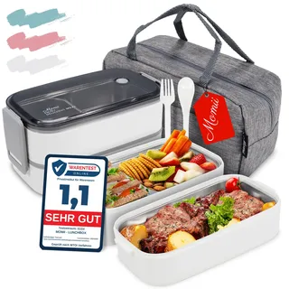 Premium Lunchbox Erwachsene und Kinder inkl. Tragetasche und Besteck Bento box Edelstahl mit Fächern Brotdose Kindergarten Lunch Jausenbox Brotdosen Bananenbox (Weiß)