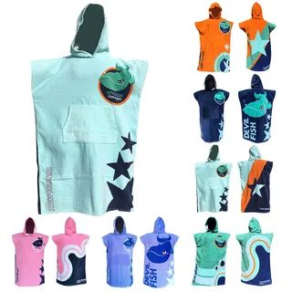 TEAM MAGNUS Badeponcho Kinder mit 6 coolen Designs (Einheitsgröße 120-170cm) - dunkelblau, orange, hellblau, pink in 360 GSM Baumwolle