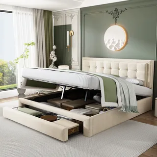 Polsterbett, 180x200 cm, Doppelbett mit Lattenrost, Bettkasten und Schubladen, gepolsterter Kopfteil höhenverstellbar, Bezug aus Samt - Beige