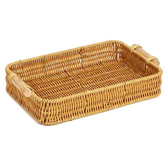 Rattan Serviertablett Rechteckig mit Griffen – Handgefertigtes Dekotablett aus Rattan, Aufbewahrungsplatten Perfekt für Frühstück, Getränke, Snacks, Kerzen, Brot, Kerze, Früchten (30cm)