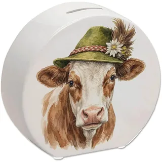 speecheese Spardose Kuh mit Trachtenhut, lustige Sparbüchse im Alpenstil | Alpenländisch bunt bedruckte Keramik-Sparbüchse für Kuhfans und Sammler, mit Kunststoffpfropfen, H 13 cm, Deko fürs Zuhause.